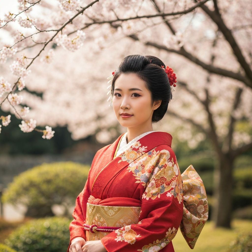 Kimono do trong vuon hoa anh dao